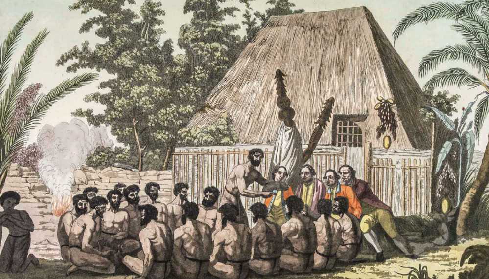 Painting, depicting the situation in which local natives welcomed British naval officer Cook to the 