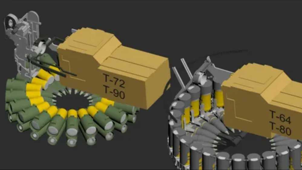 The automatic loaders of Russian tanks are all arranged in a disc shape at the bottom of the turret. The left side of the picture shows the loader structure of the T-72 and T-90 series tanks, and the right side shows the loader structure of the T-64 and T-80 series tanks 