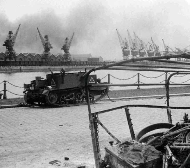 A British general-purpose carrier abandoned in the port of Galecar, France in May 1940 