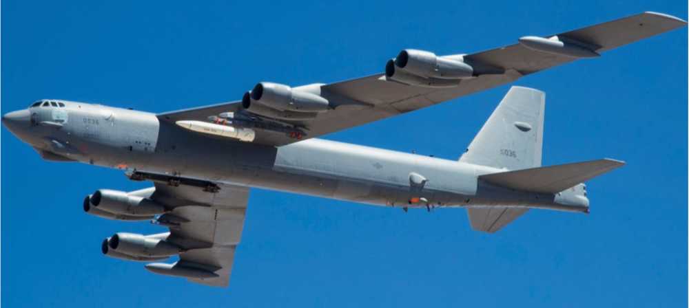 AGM-183A hypersonic air-launched rapid response weapon (ARRW), carried by a B-52 at Edwards Air Force Base, California for flight testing. 
