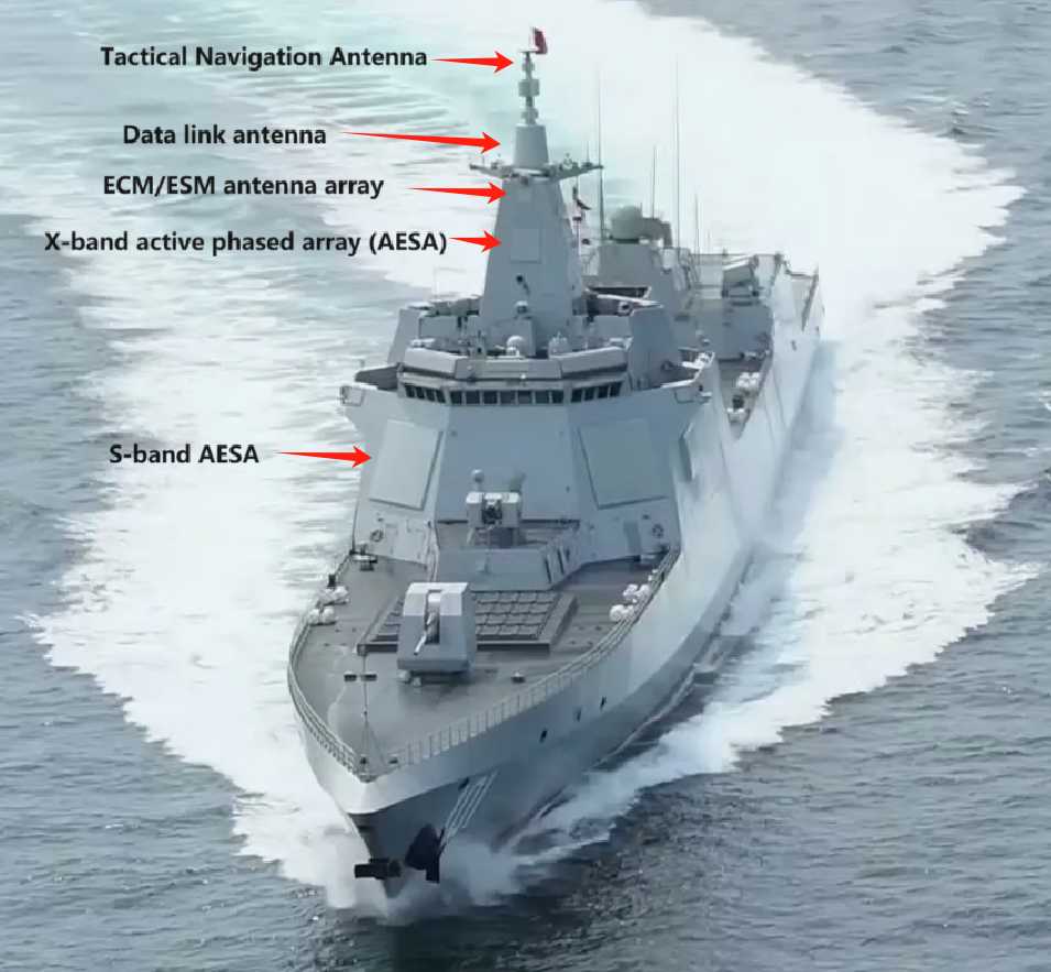  The Type 055 integrates various types of radar antennas and detectors on the integrated main mast, such as the joint tactical information distribution system, the integrated data link system and the broadband high-speed data transmission system, giving it a strong communication capability. In addition, the S-band and X-band radars of the 055-type are arranged back to back on four sides, so that each radar can cover the surrounding 360° as long as it has a 90° field of view. The 055-type is a symbol of the strategic transformation of the Chinese Navy. 