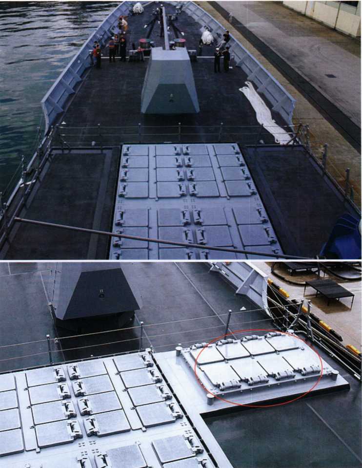 The vertical launch systems of the first three and last three KDX-2s are very different: the first three are equipped with four groups of eight-unit Mk 41 vertical launch systems (pictured above), which are compatible with the 