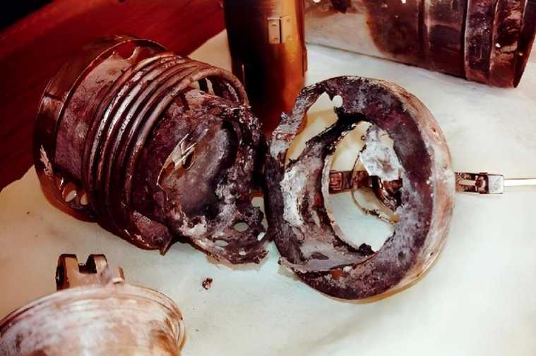 The remains of the burned metal tank storing liquefied gas 