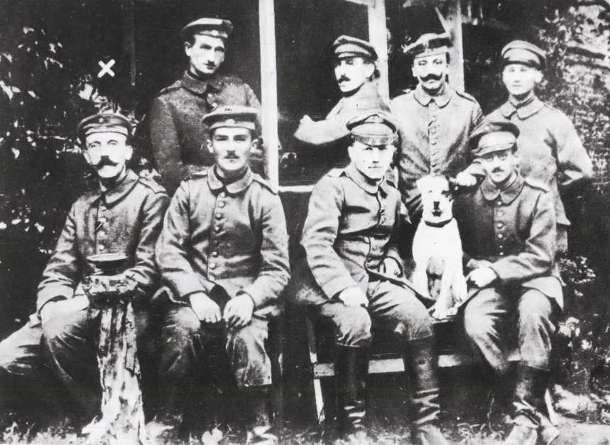 Hitler (first row, left) serving in the German army during World War I. As soon as the war broke out, Hitler voluntarily joined the 16th Regiment of the Bavarian Reserve Infantry Regiment of Germany, and was awarded a 