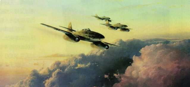 A painting showing the Me262 combat patrol scene of the J44 squadron 