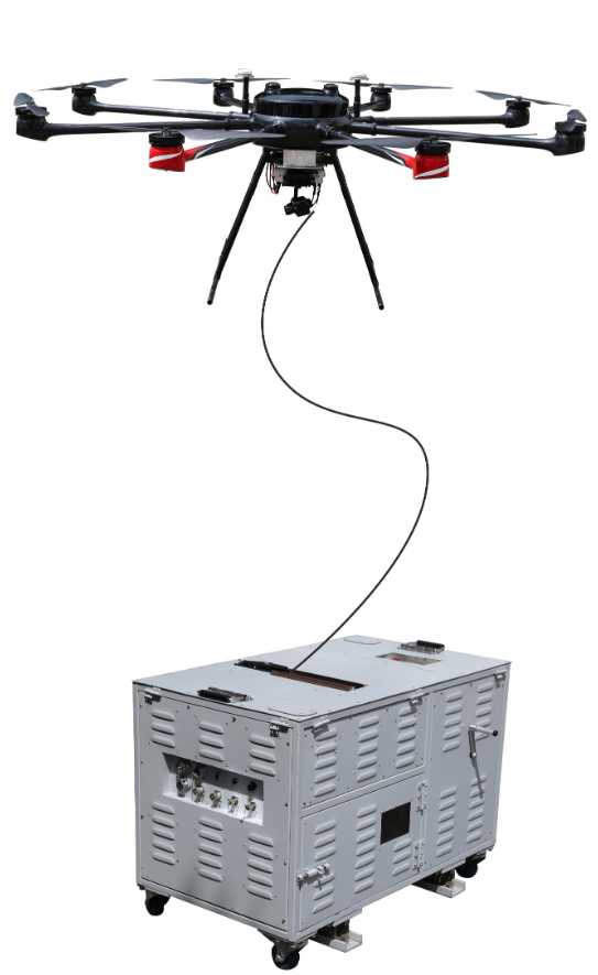 The tethered drone system is mainly composed of ground generators, cables and drone platforms. It can be used for emergency lighting, long-term photography and emergency broadcasting. It can also mount relay base station equipment to provide stable communication signals for disaster areas. 