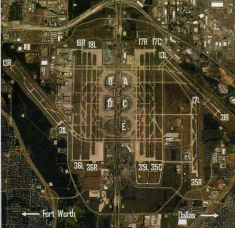 Aerial view of Dallas Fort Worth International Airport and its runways, with the left arrow pointing to Fort Worth and the right arrow pointing to Dallas