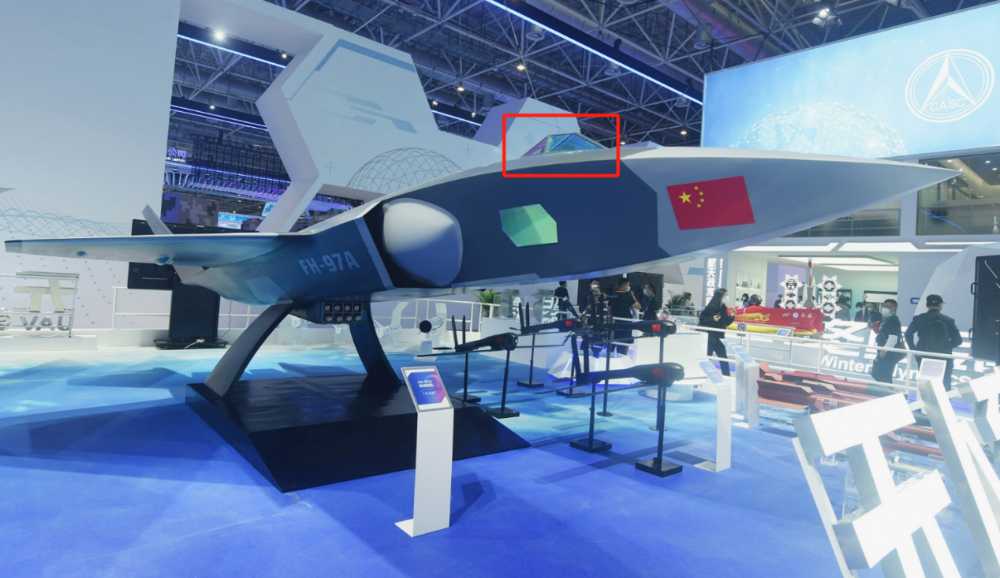 Feihong 97A integrates the optoelectronic tracking and targeting system (EOTS, in the red circle), which is expected to achieve accurate detection, tracking imaging and identification functions, and is used to discover, track and indicate air targets. The optoelectronic distributed aperture system (EODAS) is integrated below the nose. Its EOTS is installed above the nose, indicating that it is not interested in ground attacks. 