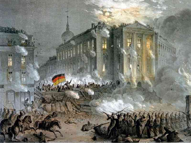 Painting depicting the street fighting in Alexanderplatz in Berlin in March 1848. On the 18th, a large number of people demonstrated to force King Frederick William IV to accept demands such as restarting the cabinet system and electing the Prussian National Assembly in a more equal manner. They erected roadblocks and confronted the soldiers for 13 hours, and hundreds of people died. When the revolution broke out, Bismarck was still at home in Schönhausen. Upon hearing the news, he quickly organized a villager armed force and prepared to march to Berlin to 