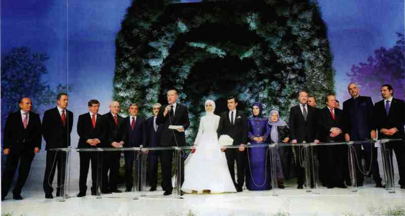 Turkish President Recep Tayyip Erdogan gave a speech at the wedding of his youngest daughter, Sumeyye Erdogan. The groom Selcuk Beylaktar is on the right side of Sumeyye in the picture. 