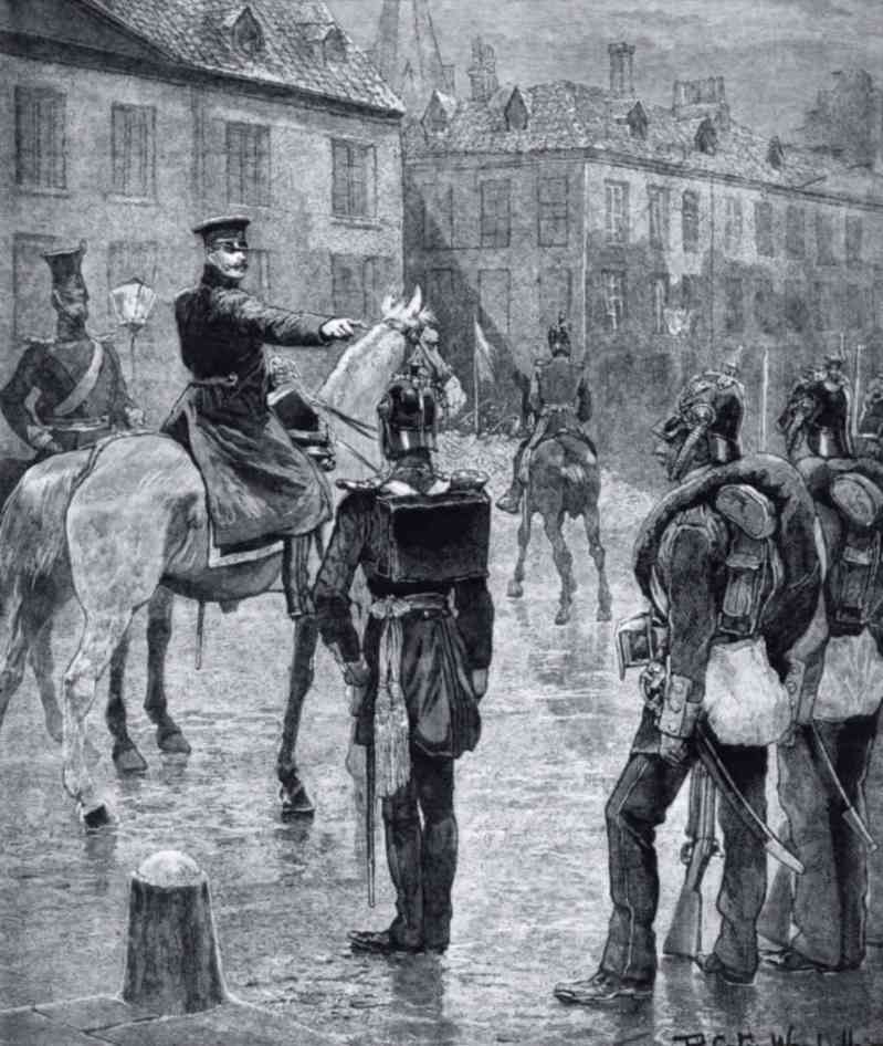Engraving depicting Crown Prince William leading his troops into Berlin in 1848 to suppress the people. He crushed the coup against his brother Frederick William IV with cannons, earning him the nickname 