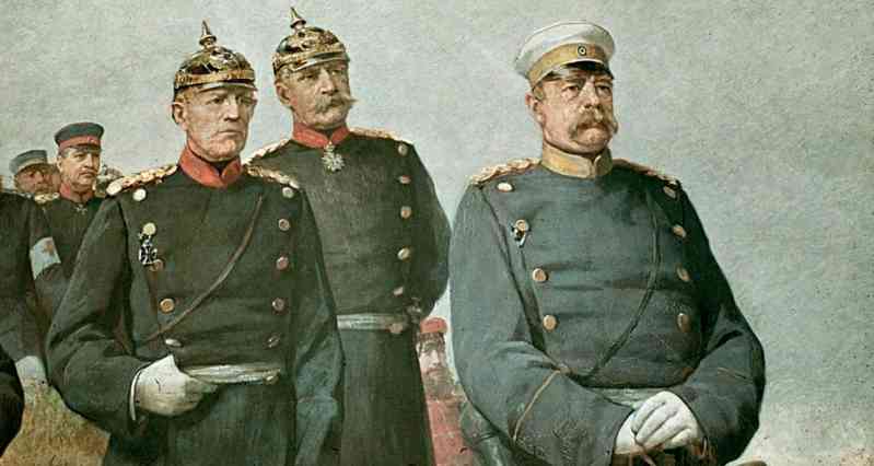 Painting, Bismarck (right), Moltke (front left) and Albrecht von Roon (center) during the Franco-Prussian War, they were the three major contributors to the unification of Germany 