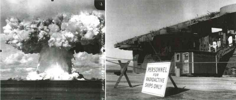 The moment of the shallow water nuclear test explosion conducted on July 25, 1946. The steam, spray, and shattered Clouds of coral and sand are beginning to cover the target fleet, including the Independence aircraft carrier. The main structure of the Independence is still intact after the nuclear explosion test (right picture) 