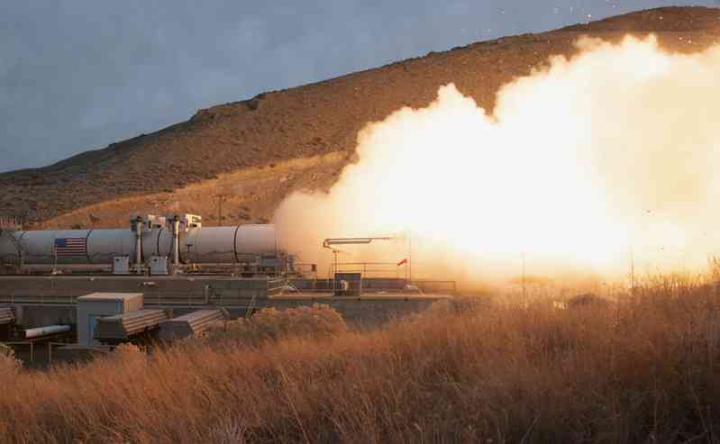 A solid rocket booster undergoing QM-1 testing in early 2015 