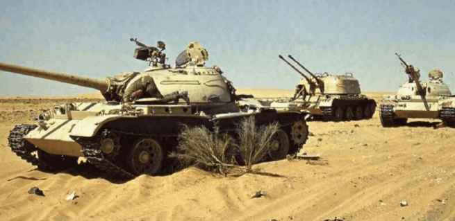 T-54/55 tanks and ZSU-57-2 self-propelled anti-aircraft guns left by the Egyptian army on the battlefield in the Sinai Peninsula 
