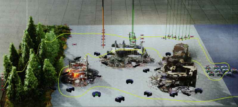 “Smart Swarm” International Swarm Technology Competition Site Map. The drone swarm needs to pass through the woods and obstacles in order to enter the “disaster area” to search and rescue the rescue dummy. During the whole process, the drone swarm must generate swarm intelligence and complete the specified tasks within 6 minutes. 