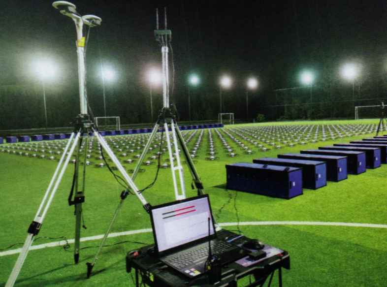 The preparation for drone swarm flight performances requires a huge open space. The picture shows 560 drones preparing for flight debugging on the football field. The 