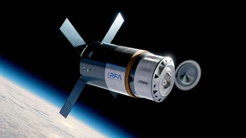 Rendering of the ATMOS cargo spacecraft with its solar wings spread out and ready to dock 