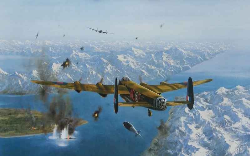 The Sinking of the Tirpitz, a painting showing a Lancaster dropping a Tallboy to bomb the Tirpitz. 