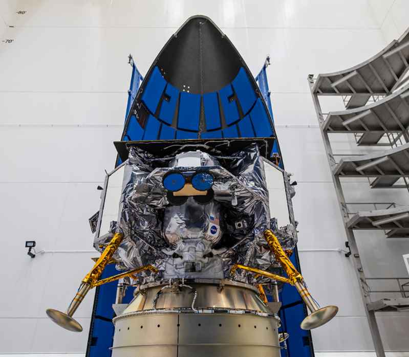 The Peregrine lunar lander is loaded into the rocket fairing 